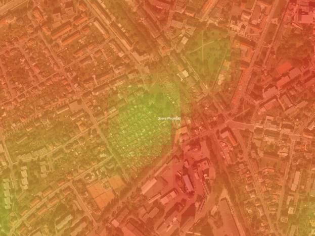 Obrázek 26: Opava termální satelitní snímek Landsat 8 (ze dne 22.6.2017), pásmo 10 výřez pro zahrádkovou osadu na Otické ulici.