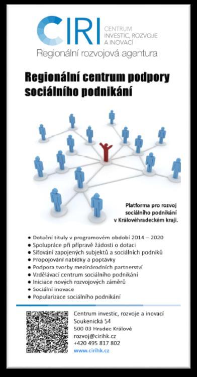 Regionální centrum podpory sociálního podnikání Pro koho: Zájemci o oblast sociálního podnikání (SP), sociální podniky, veřejnost, Co děláme: Konzultační místo, poradenství v oblasti SP Vzdělávací