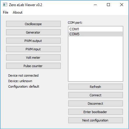Obrázek 3: Pro otestování spojení využijte aplikaci zero_elabviewer_v0.2, pomocí něho se spouštějí nástroje jako voltmetr, osciloskop, PWM generátor apod.
