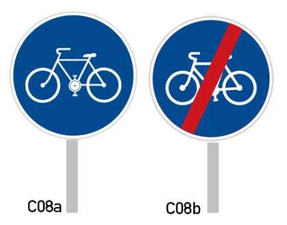 Cyklisté na ni mohou vjíždět pouze při křížení s cyklostezkou, přitom musí dát přednost chodcům. Jiným účastníkům je užívání stezky zakázáno. Značka ukončuje platnost značek C08a, C09a, C10a.