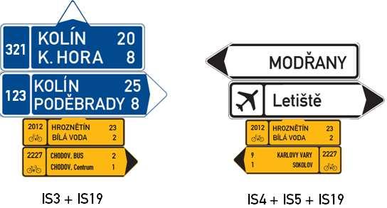 U značek IS21b,c se souběh dvou tras použije jen v případě, že se jedná o trasy vyšších tříd.