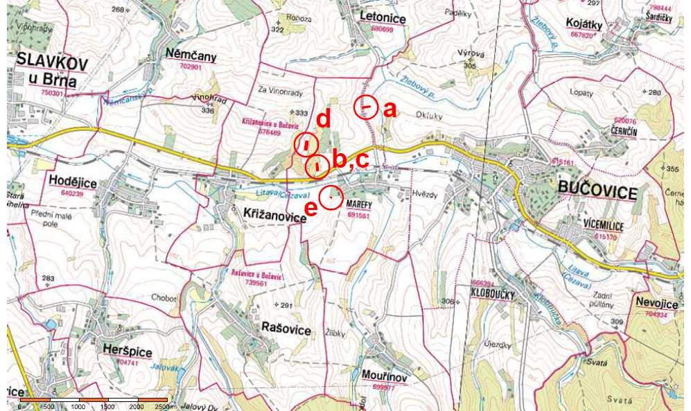 53 Mapový plán s umístěním oceňovaných nemovitostí (příloha 3) a) pozemek parc. č. 2608/12, k.ú. Bučovice (orná půda, 3880 m 2 ) LV 4588 pozemek parc.č. 2701/30, k.ú. Bučovice (ostatní plocha, 69 m 2 ) LV 3180 b) pozemek parc.