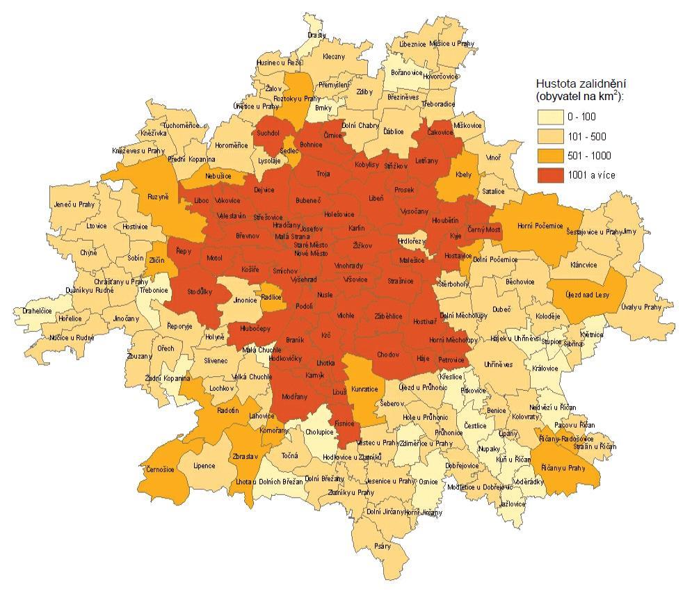 Obr. 4: Mapa katastrálních území aglmerace Praha 4.