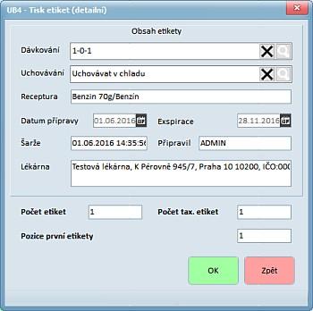 nastavení tisku detailních etiket, pomocí formuláře UB4 Tisk etiket (detailní).