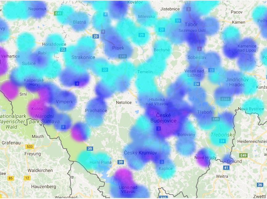 Obrázek 4 Cenová mapa pronájmů Jihočeského kraje Zdroj: http://www.cenovamapa.
