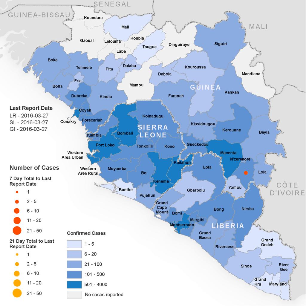 Obrázek č. 1: Rozšíření případů Eboly ve třech nejvíce postižených zemích - Guineji, Libérii a Sieře Leone k 27.