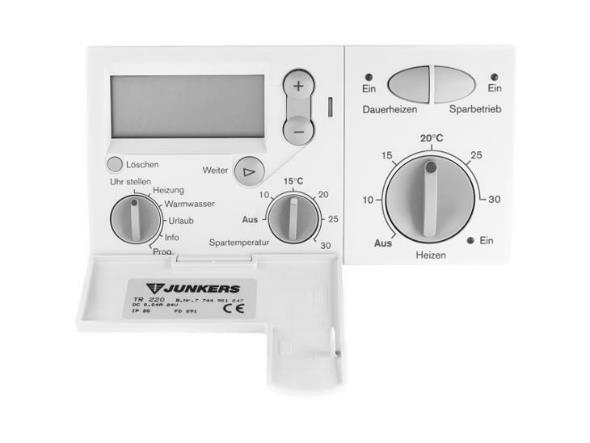 Termostat JUNKERS TR 220 Původní cena: 10 635 Kč Cena po slevě: 5 250 Kč Funkce: prostorový digitální regulátor týdenní program a 6 spínacích bodů na den pro 1 topný okruh, okruh přípravy TV a