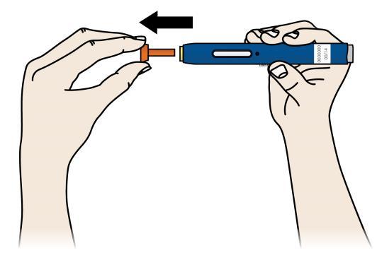 A Krok 2: Připravte se Pouze tehdy, když jste připraven(a) na injekci, stáhněte rovně oranžový kryt. Oranžový kryt nenechávejte sundaný déle než 5 minut.
