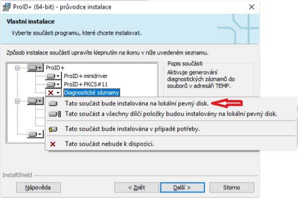 Obr. 12 Příklad doplnění součásti ProID+ o Diagnostické záznamy Po provedení změn instalace a stisku tlačítek Další se provede změna instalace.