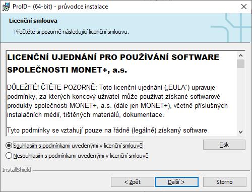 Obr. 2 Licenční ujednání Text je třeba pozorně prostudovat a v případě nesouhlasu předčasně ukončit instalaci tlačítkem Storno.