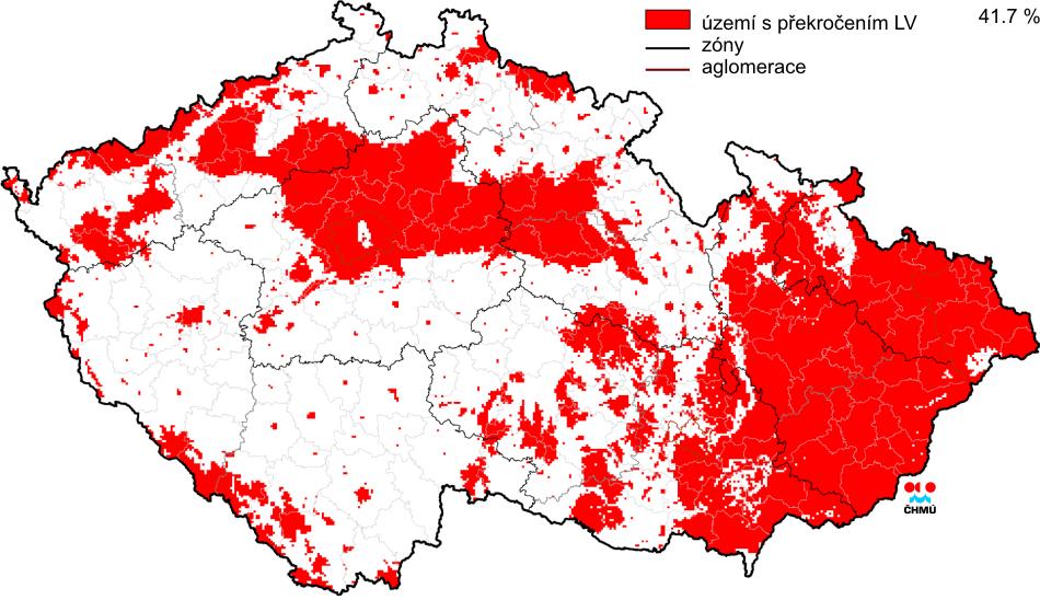 Obrázek 1: Překročení imisních limitů pro ochranu zdraví lidí pro rok 2012 v celé ČR Zdroj: http://www.