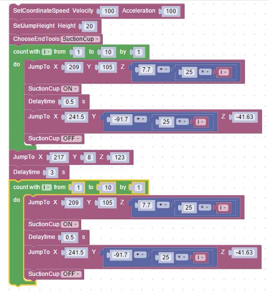 Na konec programu vložte z knihovny DobotAPI -> Basic -> Delaytime.