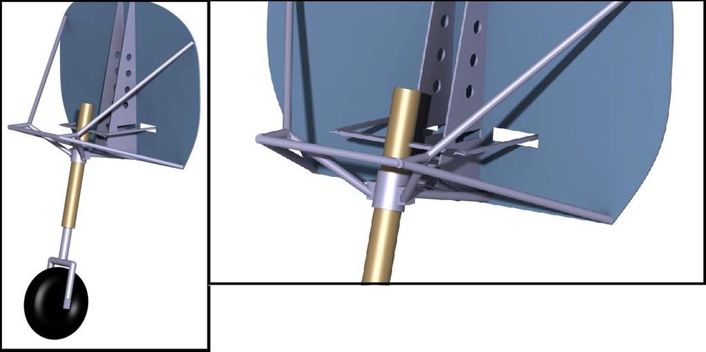 Obr. 4.9 Model podvozku (vľavo), detail uchytenia (vpravo) Riadenie podvozku je zabezpečené pomocou tiahel, ktoré sú vedené od riadiacich pedálov a napojené k páke na podvozkovej nohe.