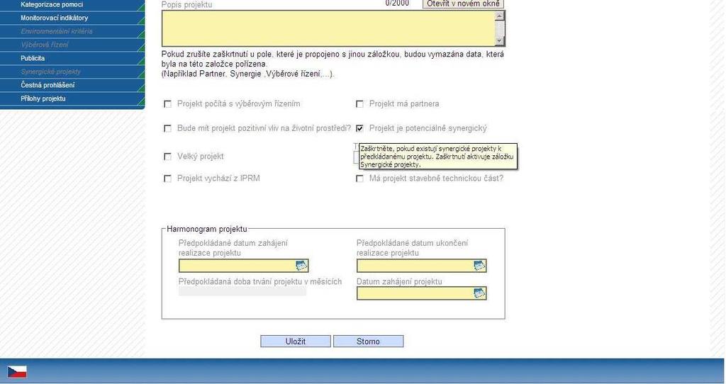 Obrázek 1: Příklad zanesení informace o synergickém projektu do