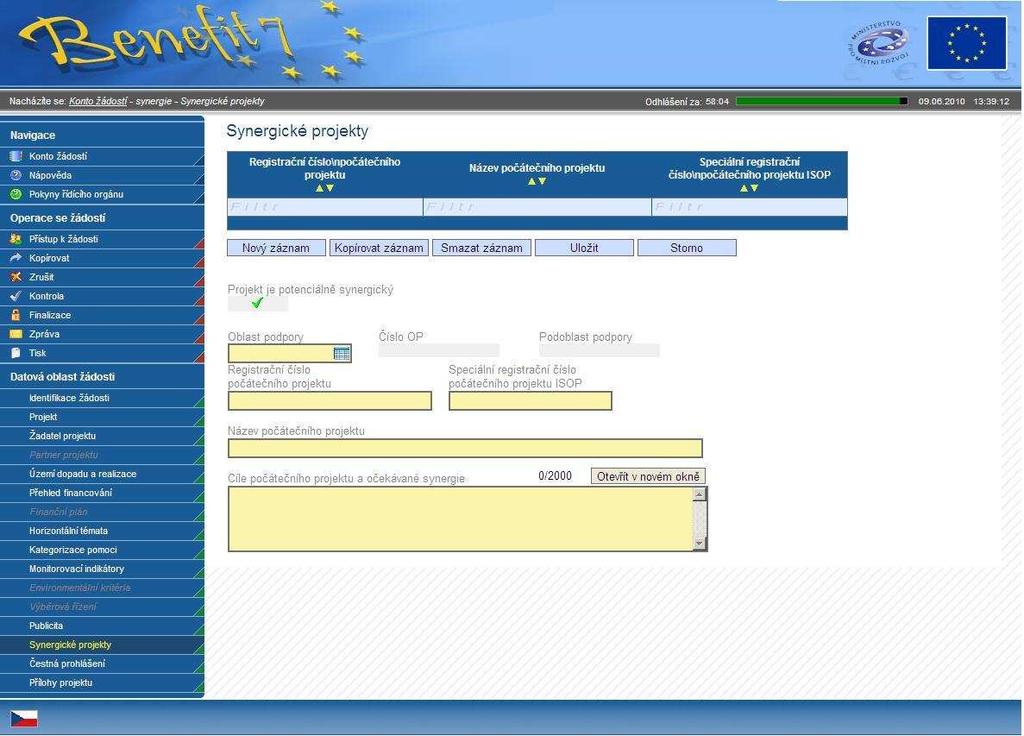 Obrázek 2: Příklad zanesení informace o synergickém projektu do elektronické