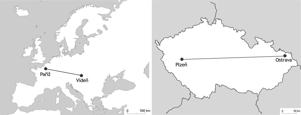 Úloha 7 Na mapách Česka a Evropy máte vyznačeny dvě vzdálenosti mezi městy. Které tvrzení o skutečných vzdálenostech mezi městy je pravdivé?