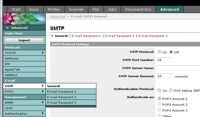 Příprava před použitím > Embedded Web Server (Nastavení pro e-mail) Odesílání e-mailů Zadáte-li nastavení protokolu SMTP, bude možné odesílat obrázky načtené do zařízení jako přílohy e-mailů.