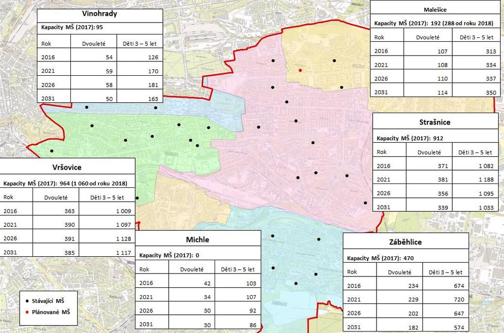 Porovnání kapacit MŠ a počtu dětí bydlících v jednotlivých lokalitách Stávající mateřské školy jsou v rámci MČ Praha 10 rovnoměrně rozmístěné s výjimkou Michle, kde se nenachází žádná MŠ.