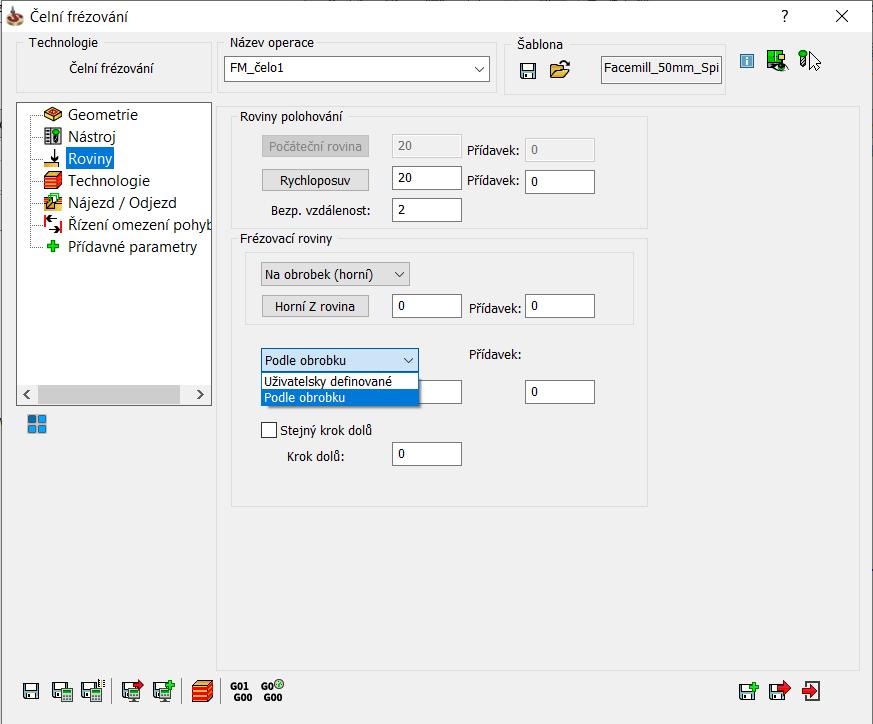 Čelní frézování hloubka dle obrobku Hloubka frézování definována automaticky dle