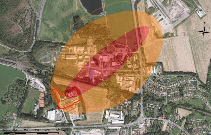 3) Grafické znázornění dosahu nejhorších scénářů závažné havárie s dopadem na životy a zdraví lidí (Blast area from VCE) třída