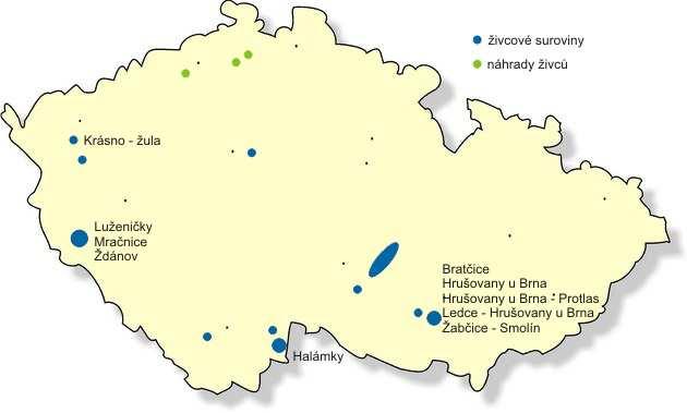 Ilustrace: Ložiska živce v České republice. 142 6.5 Fosfátové rudy Fosfátové rudy jsou surovinou, která nebyla dříve v České republice těžena. V současnosti je Česká republika bez zdrojů a zásob.