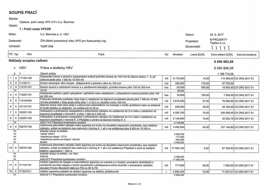 SOUPIS prací stavba; Objekt: 1 - Polní cesta VPC5R Místo: k.ú. Šemnice p. č. 1401 Datum: 23. 6. 2017 Zadavatel: B-PROJEKTY Projektant: Teplice s.r.o. Uchazeč: Vyplň údaj um PČ Typ Kód Popis MJ Množství J.