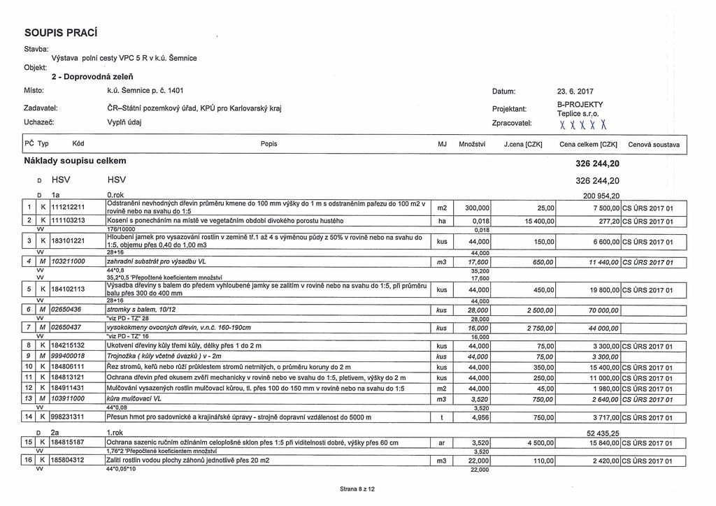 SOUPIS prací stavba: Objekt: 2 - Doprovodná zeleň Místo: k.ú. Semnice p. č. 1401 Zadavatel: Uchazeč: Vyplň údaj Datum: Projektant: 23. 6. 2017 B-PROJEKTY Teplice s.r.o. IttYl PČ Typ Kód Popis MJ Množství J.