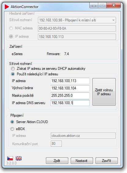 Nastavení IP adresy (pro CLOUD variantu) Snímače a zařízení eseries jsou továrně nastaveny k připojení na CLOUD server nebo ebox a pro automatické DHCP získání IP adresy.