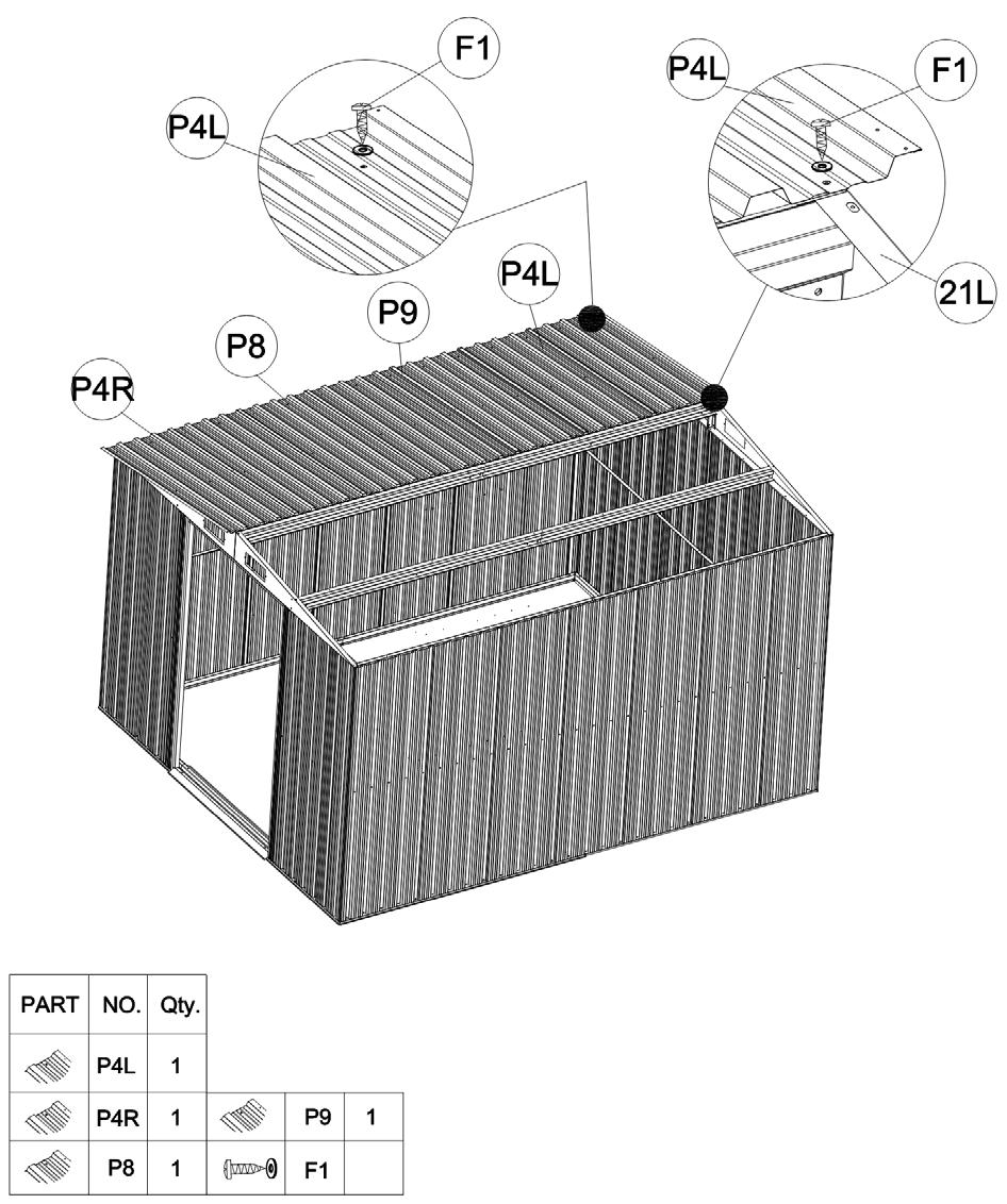 Krok / punkt 9 CZ Umístěte střešní panely (P4R), (P8), (P9), (P4L) na vršek štítových panelů (21L) a (21R). Srovnejte otvory a upevněte jeza pomoci šroubků (F1), matek a podložek.