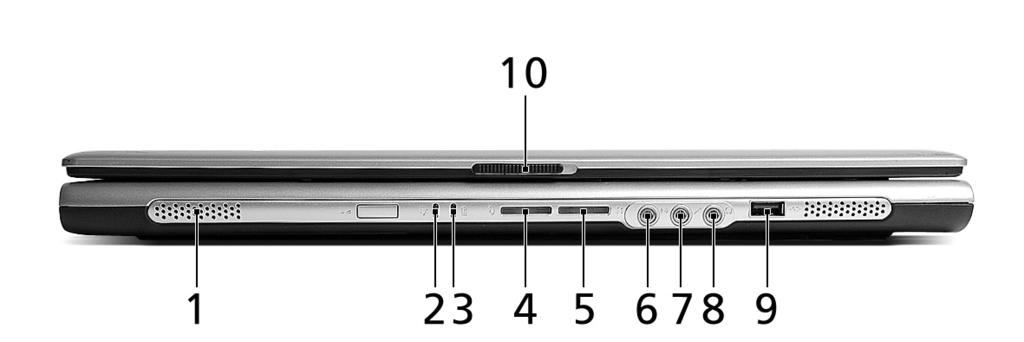 2 # Položka Popis 5 Tlačítka (levé, střední a pravé) 6 Zařízení touchpad 7 Stavové indikátory 8 Tlačítka pro snadné spuštění 9 Tlačítko napájení Levé a pravé tlačítko funguje jako levé a pravé