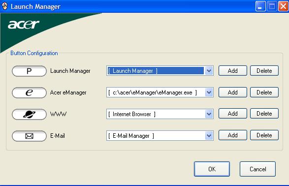 23 Launch Manager Nástroj Launch Manager umožňuje nastavit 4 tlačítka pro snadné spuštění, která se nacházejí nad klávesnicí.