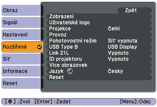 Seznam funkcí 45 Nabídka Rozšířené EB-1735W/1725 EB-1730W/1720 Dílčí nabídka Funkce Zobrazení Umožňuje měnit nastavení vztahující se k zobrazení dat projektoru.