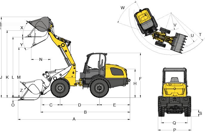 Rozměry Standardní pneumatiky 405/70-18 EM ET0 A Celková délka mm 5,898 B Celková délka bez lžíce mm 4,780 C Otočný bod lopaty ke středu nápravy mm 991 D Rozvor kol mm 2,150 E Zadní přesah mm 1,676 F