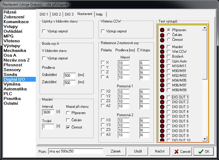 4 Nastavení - Digital I/O 4.15.3 Nastavení funkcí výstupu DIO jednotky Na záložce nastavení je nastavení samotných funkcí, je zde i pole Test výstupů pro jejich přímé ovládání.