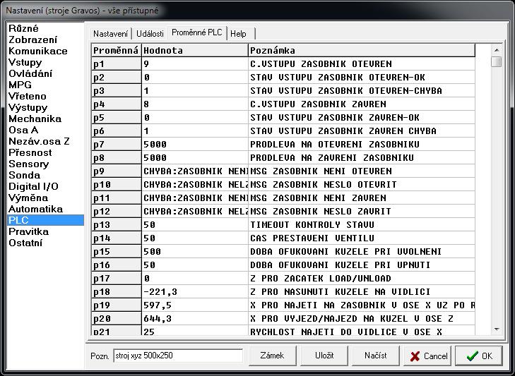 4 Nastavení - PLC 4.18.3 Proměnné PLC V této části najdete tabulku proměnných, kterou lze použít pro příkazy PLC makra událostí.