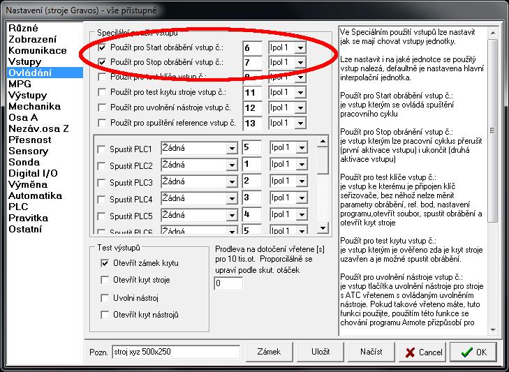 6 Instalace příslušenství - Start/Stop box 6.1.2 Nastavení systému V menu Stroj/Nastavení v části Vstupy na záložce Hlavní je potřeba nastavit polaritu a povolení přerušení.