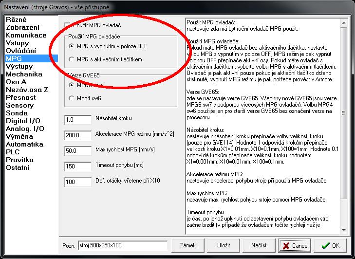 6 Instalace příslušenství - Ruční ovladač MPG 6.4.2 Nastavení systému Použití ovladače se nastavuje v menu Stroj/Nastavení část MPG.