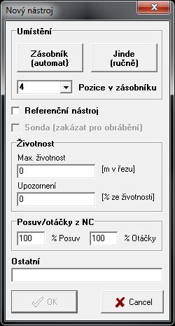 3 Hlavní menu programu - Správce nástrojů 3. Otevře se okno Nový nástroj s nastavením jeho vlastností. 4. Nastavíme Umístění nástroje Jinde (ručně). Nástroj bude uložen v systému a měněn ručně.