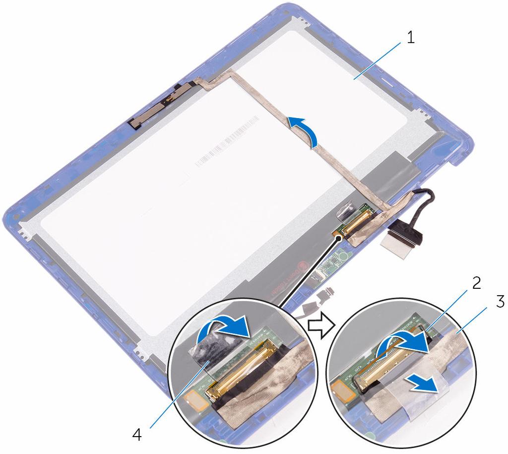 3 Sloupněte pásku, kterou je kabel displeje připevněn k panelu displeje. 1 panel displeje.