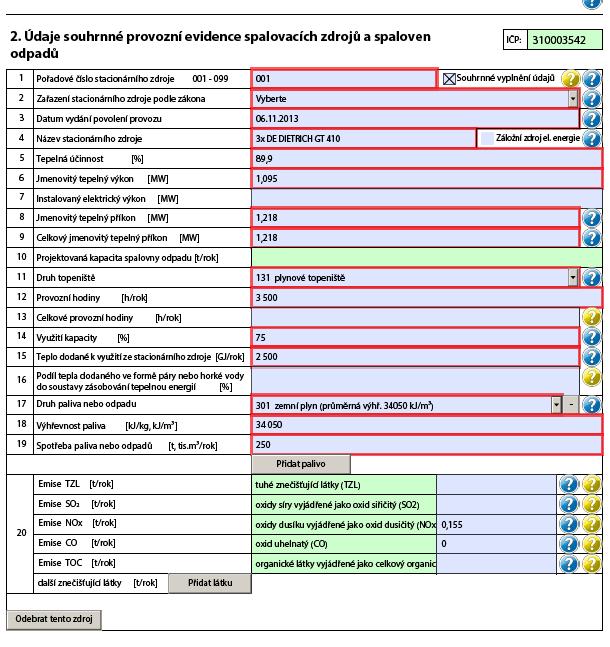 Příklad souhrnného vyplnění údajů pro plynovou kotelnu sestavenou ze tří kotlů, každý o příkonu 0,406 MWt, tj. žádný z kotlů nepřesahuje příkon 1 MW.