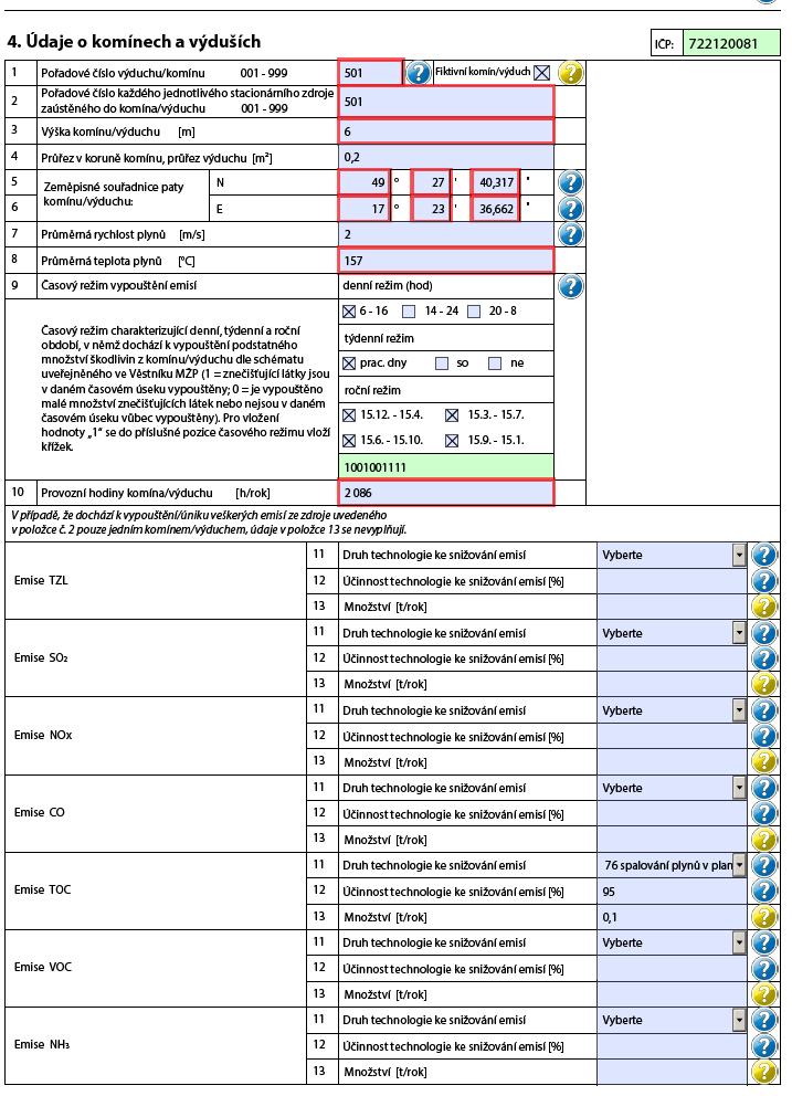 Oba výduchy za odlučovači z předchozího příkladu jsou pro ohlášení vykázány jako jeden fiktivní výduch s uvedeným druhem odlučovače a emisí TOC.