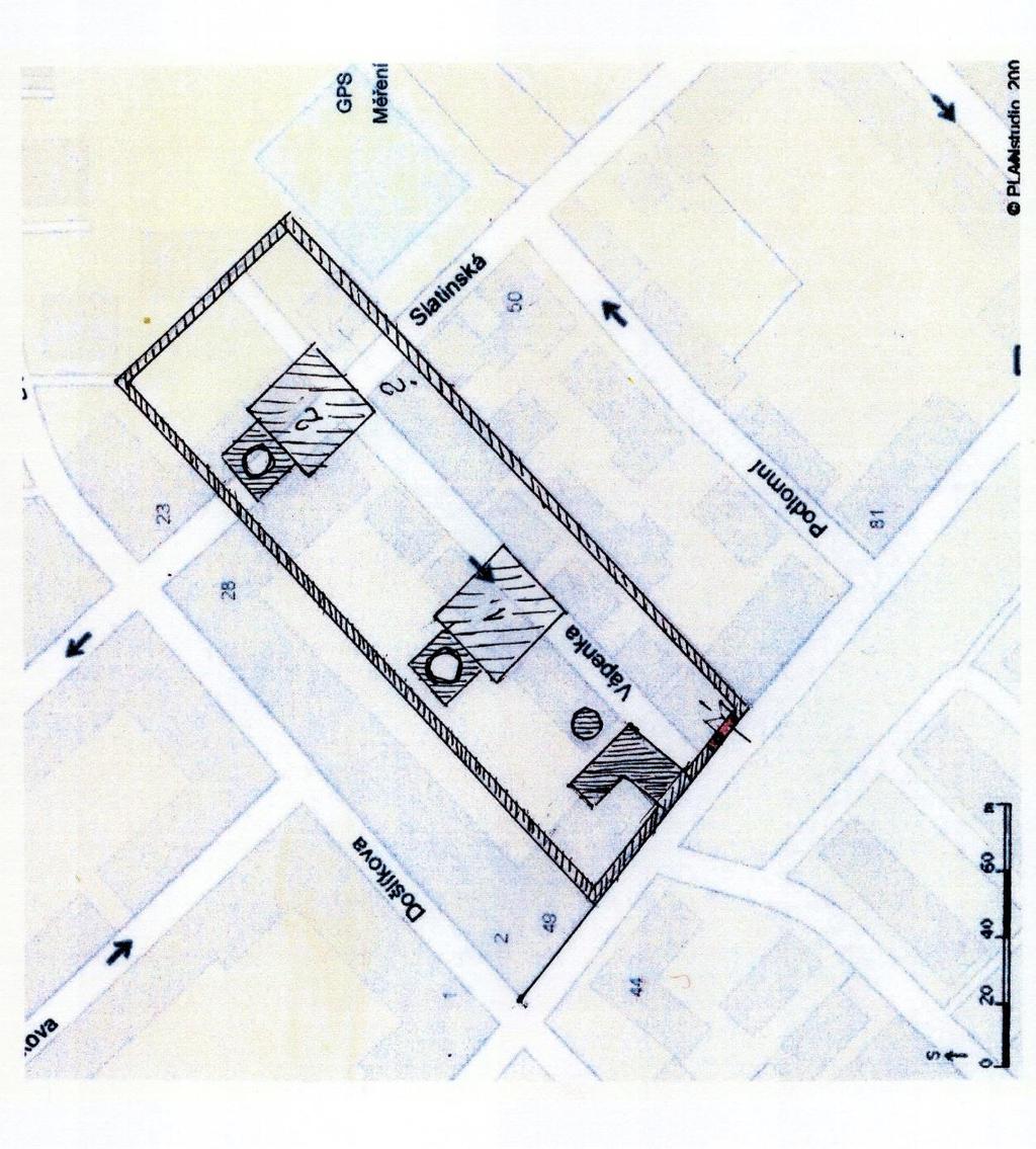 Příloha č. 3 je plánek vápenky vkreslený do plánu současné zástavby a jejích ulic.