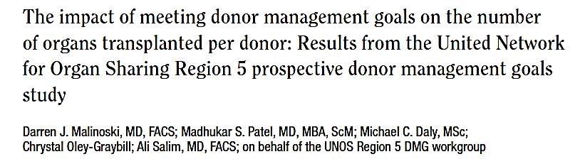 Crit Care Med 2012, 40:1-8 prospektivní intervenční multicentrická studie (UNOS), 380 dárců donor management goals (DMG) primární outcome: 4 tx orgány/per donor the time of consent 12 18 hrs later