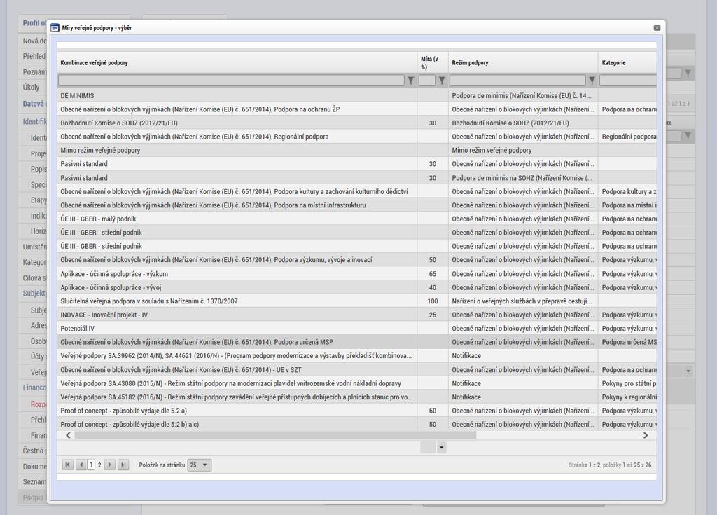 Je tedy nutné vybírat pouze z těchto záznamů: Kombinace veřejné podpory Míra (v %) Režim podpory Kategorie DE MINIMIS Podpora de minimis