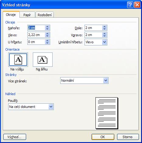 Nastavení okrajů dokumentu lze změnit v menu Soubor => Vzhled stránky viz následující stránka (Obrázek 5).