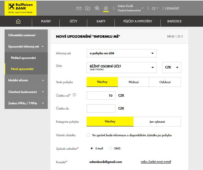 10. NASTAVENÍ NEZOBRAZENÍ ZŮSTATKU V INFORMUJ MĚ Nově můžete v nastavení upozornění Informuj mě o pohybu na účtu nebo o karetní transakci nastavit, že v e-mailové nebo SMS zprávě nebude vidět