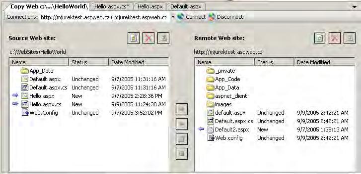 Okno připomíná programy na organizaci souborů na disku. V levé části je lokální web (typicky adresářová složka), v pravé části vzdálený web (typicky web v hostingovém centru).