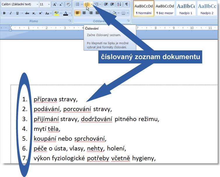 Obrázek 8 Příklad korektního definování číslovaného seznamu v textovém editoru Word Osobní požadavky na formátování opory (speciální zvýraznění textu prostředníctvím barev a pod.