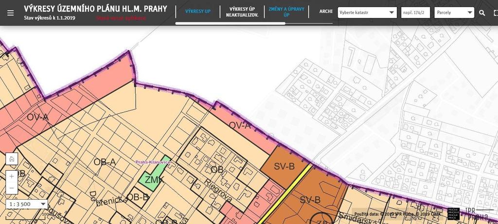 Obrázek č. 3 výřez z grafické části platného Územního plánu sídelního útvaru hl. m. Prahy, vymezující plochy OV-A a SV-B na severním okraji MČ Praha-Klánovice: Plocha OV je všeobecně obytná.