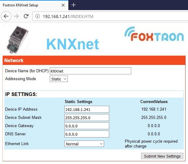 Nastavení Nastavení IP adresy převodníku KNXnet se provádí pomocí webového prohlížeče. Do adresního řádku zadejte adresu IP adresu převodníku. V továrním nastavení je adresa 192.168.1.241.